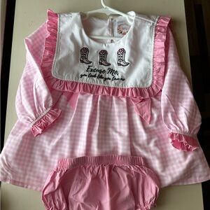 Pink Gingham Ruffle Kids Matching Set with Embroidered Boots